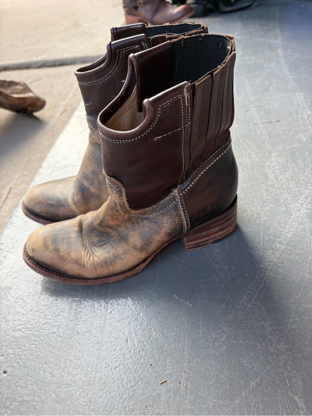 freebird Two-Tone Brown Distressed Leather Western Ankle Boots